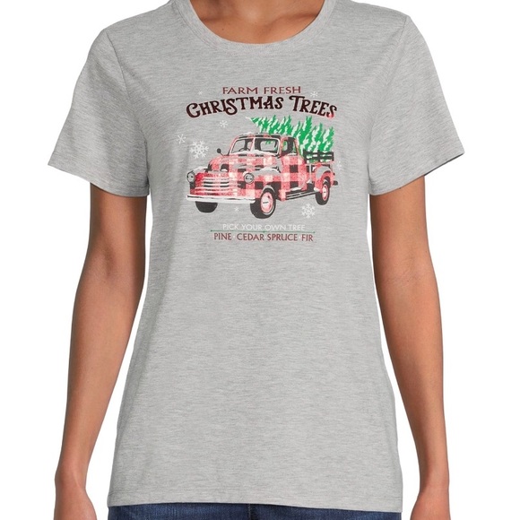 Women’s Holiday Farm Fresh red truck Christmas tree gray t shirt Size S ((4/6) - Picture 4 of 4